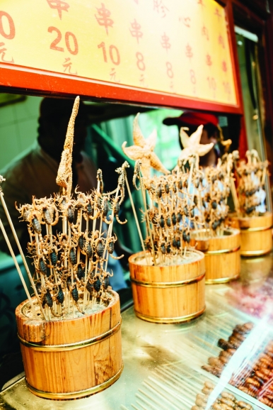 Skewers of scorpion, starfish and seahorse at a Wangfujing Snack Street kiosk