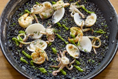 Squid Ink Paella with Fresh Seafood